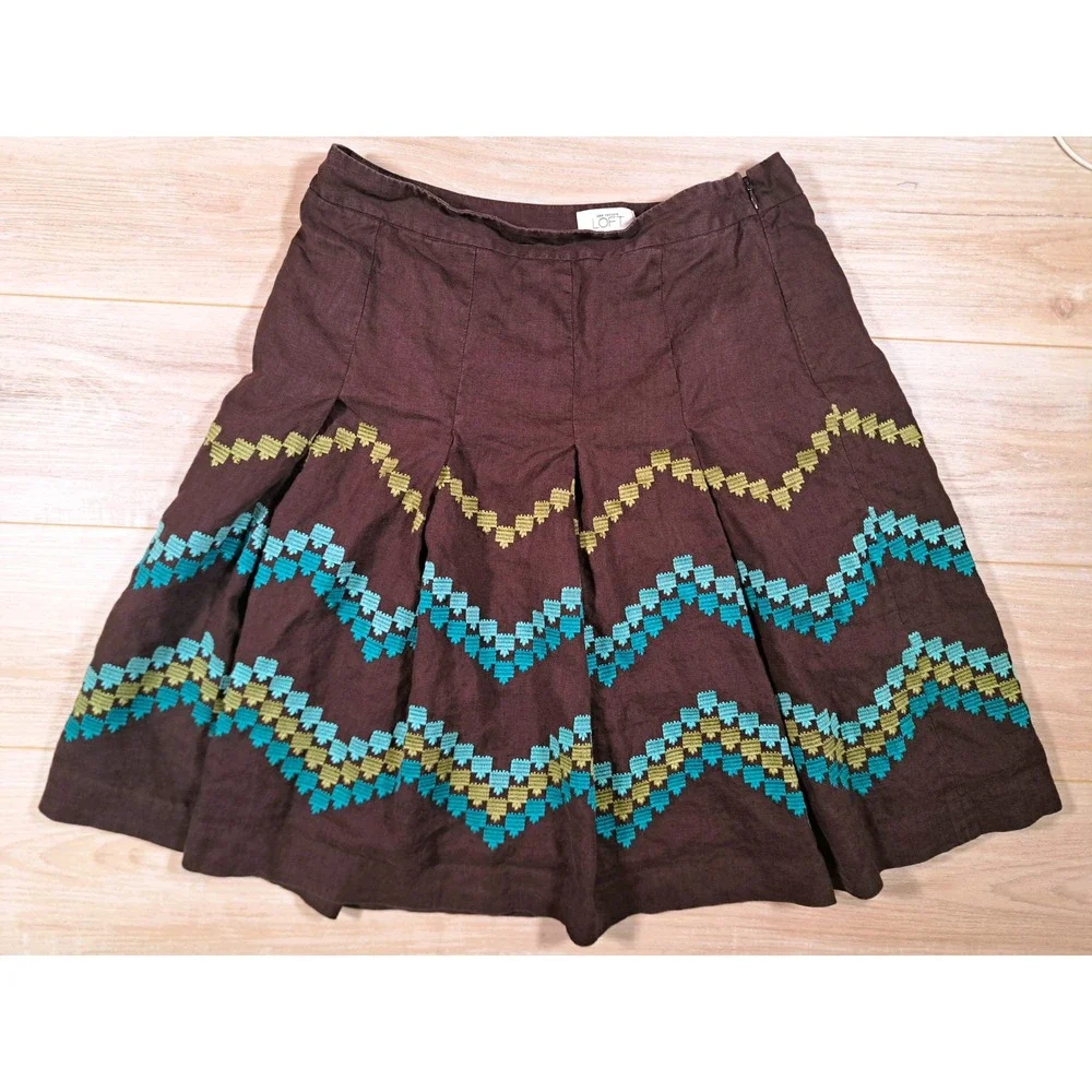 Ann Taylor Loft Brown Linen Embroidered Chevron A-Line‎ Boho Teal Skirt Size 8